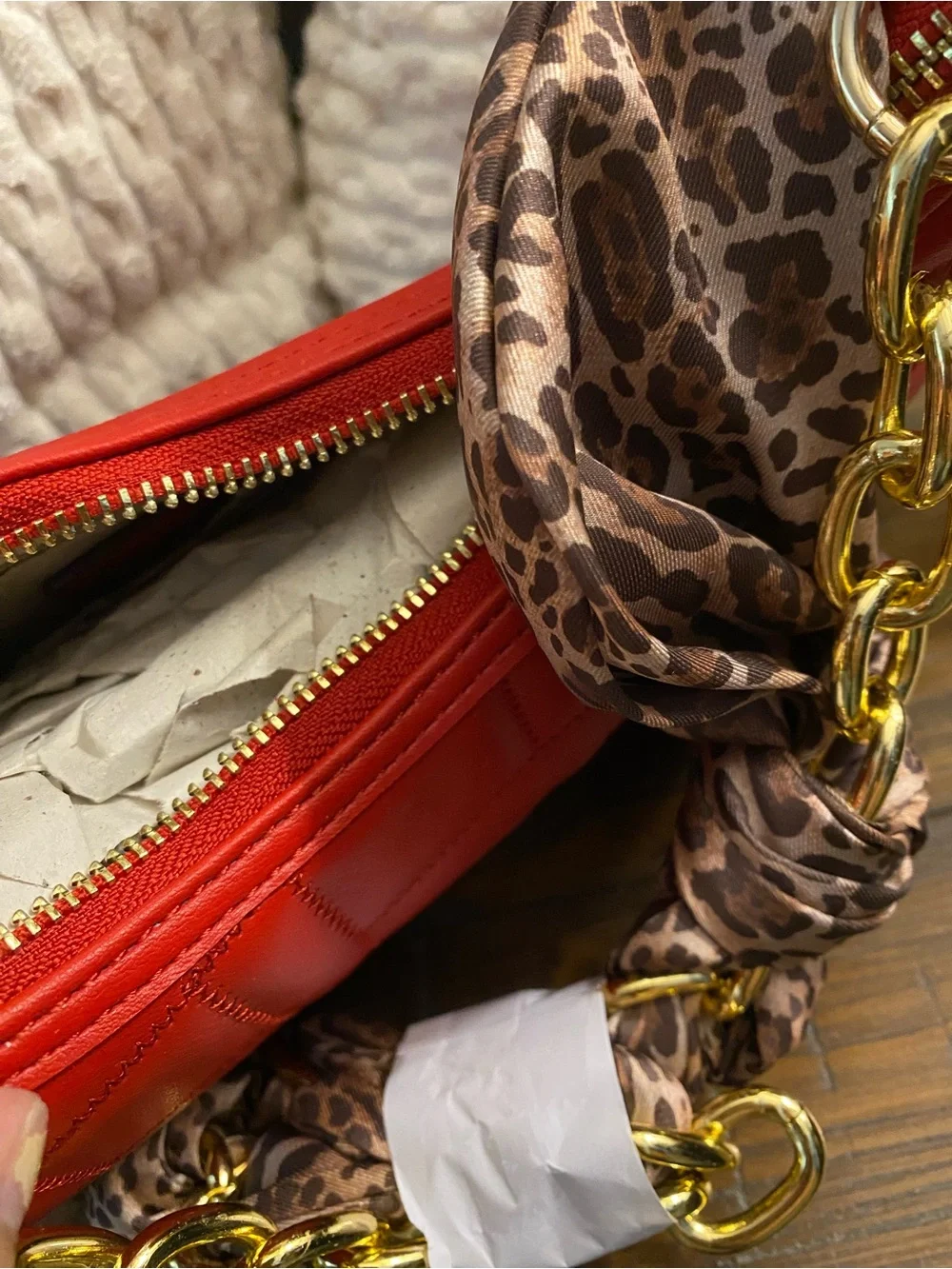 Jessica Simpson Red Quilted Shoulder Bag with Leopard Scarf Handle